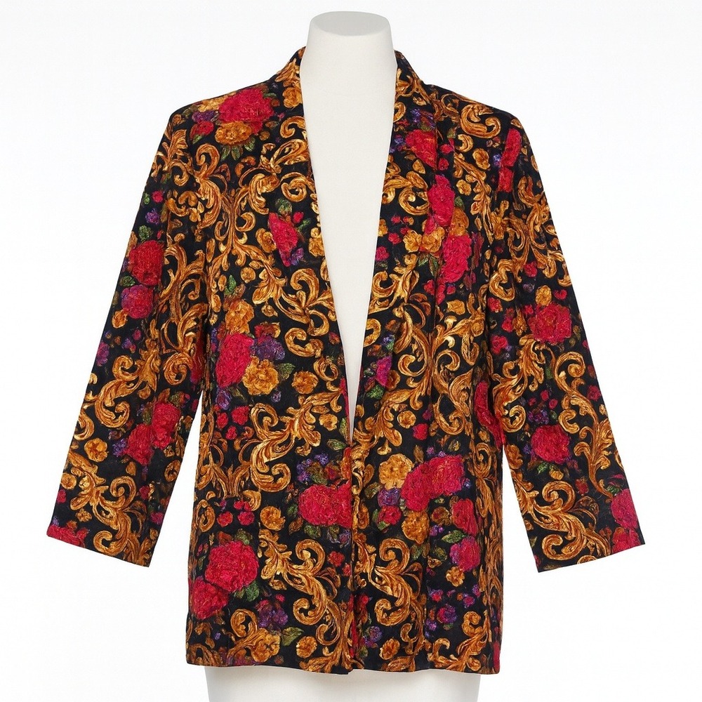 Connections Blazer Women M Black Gold Floral Baroque Filigree Vintage One Button